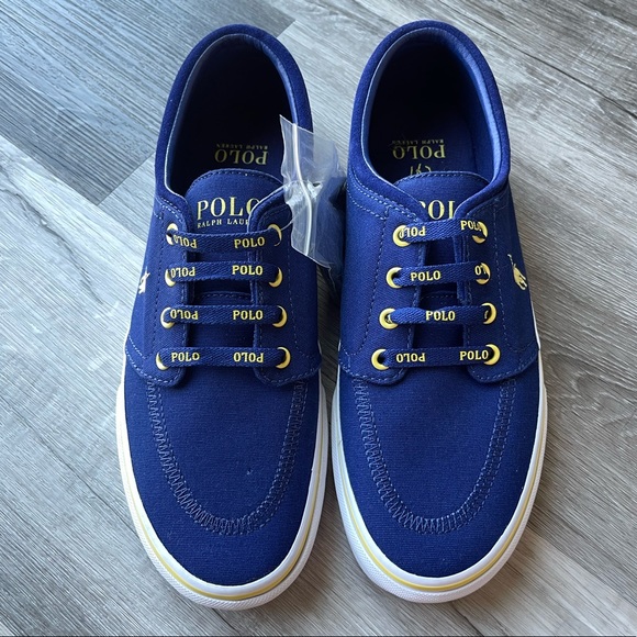 Polo Ralph Lauren Faxon X Sneakers Men’s Size 8 Blue Yellow Canvas Lace-Up Shoes - Picture 1 of 8